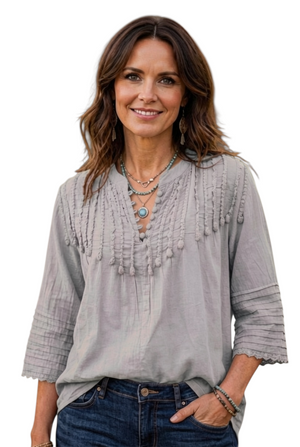Hippy Haven antique style grey cotton calico blouse with crochet buttons, pintuck details, and three-quarter sleeves.