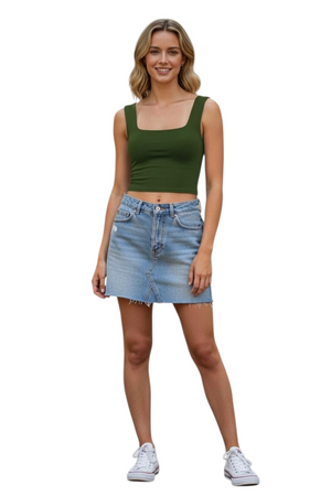 Hippy Haven olive green scoop neck crop tank top worn by a model with a denim skirt
