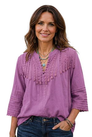 Hippy Haven antique style purple cotton calico blouse with crochet buttons, pintuck details, and three-quarter sleeves.