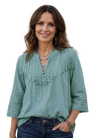 Hippy Haven antique style sage green cotton calico blouse with crochet buttons, pintuck details, and 3/4 sleeves.