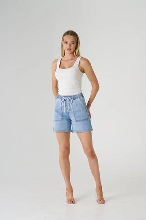 Patch Stretch Denim Shorts