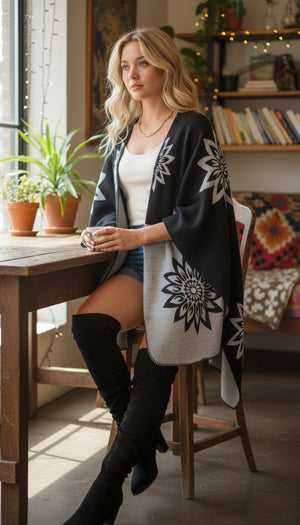 #Wool Blend Floral Poncho