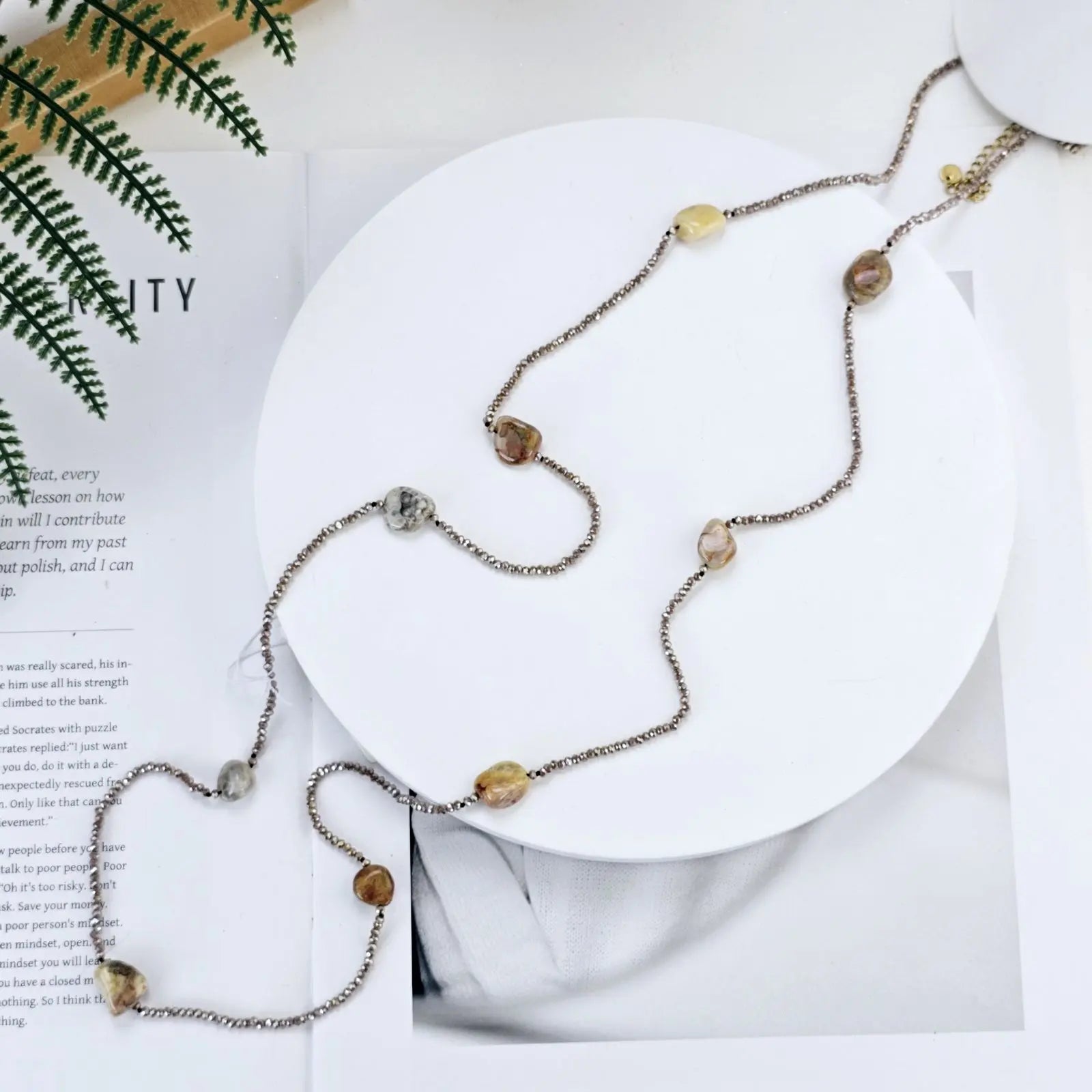 Stainless Steel Small Beaded Tumbled Stone Necklace