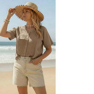 Cropped Crepe Button Up Top