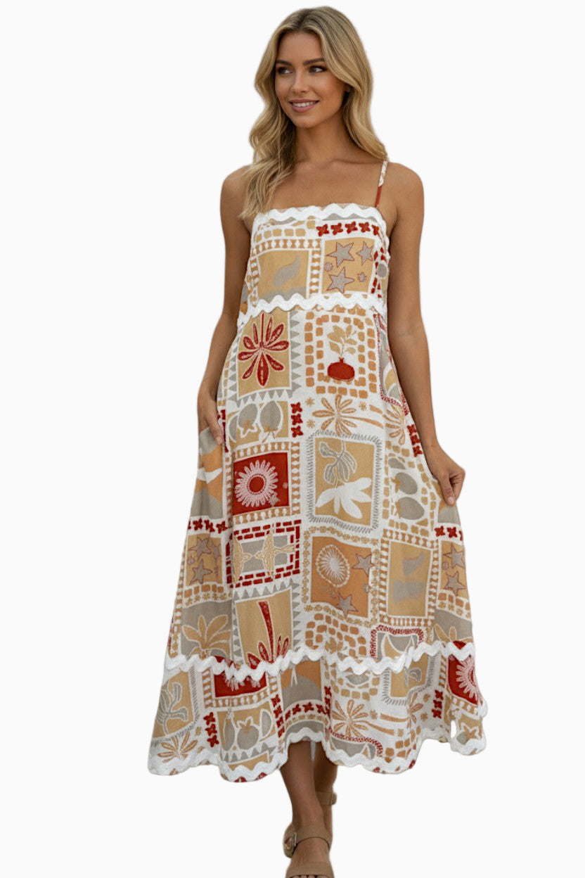 Red Palm Strappy Maxi Dress