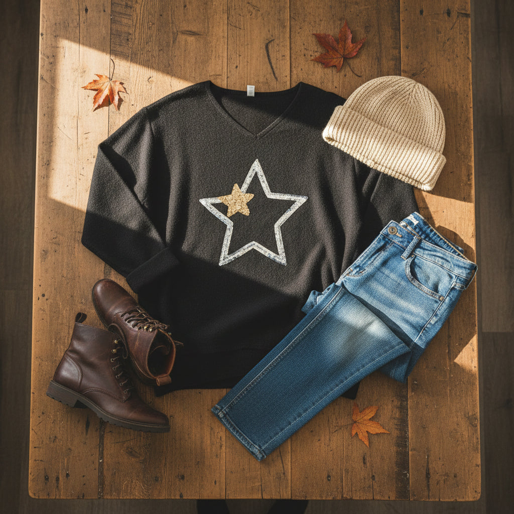 #Sequin Star Embroidered Wool Jumper
