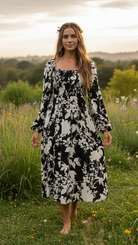 #Mia Shirred L/S Midi Dress