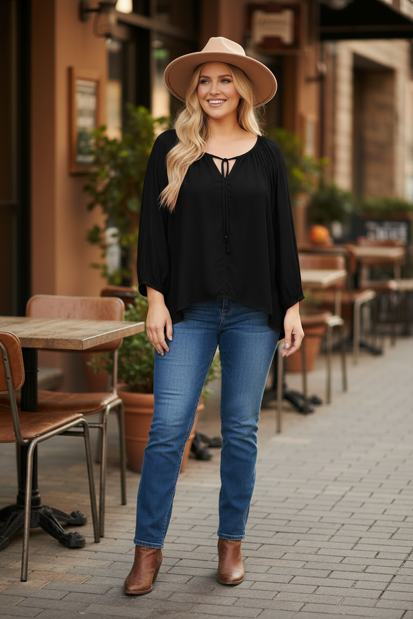 Long Sleeve Rose Top With Tassle Tie Up