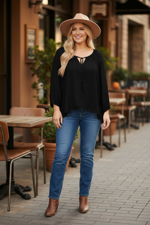 Long Sleeve Rose Top With Tassle Tie Up