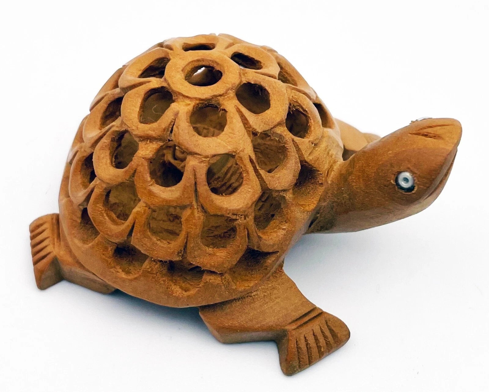 Wood Carved Turtle With Lattice Shell