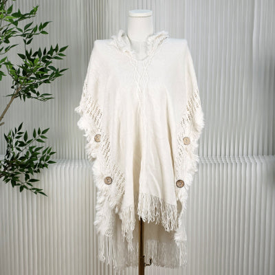 Hooded Poncho With Tassles