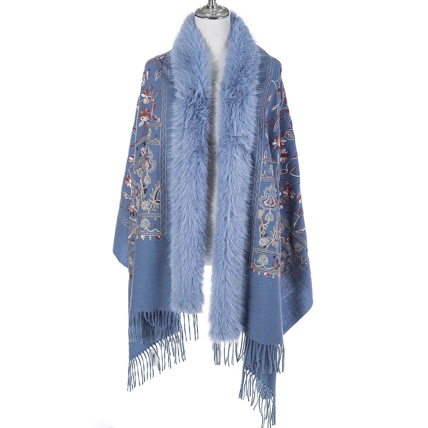 Daisy Embroidered Wrap With Fur
