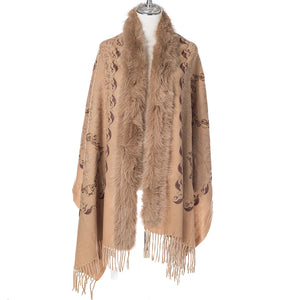 Boho Paisley Embroidered Wrap With Fur