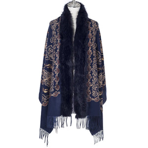 Boho Paisley Embroidered Wrap With Fur