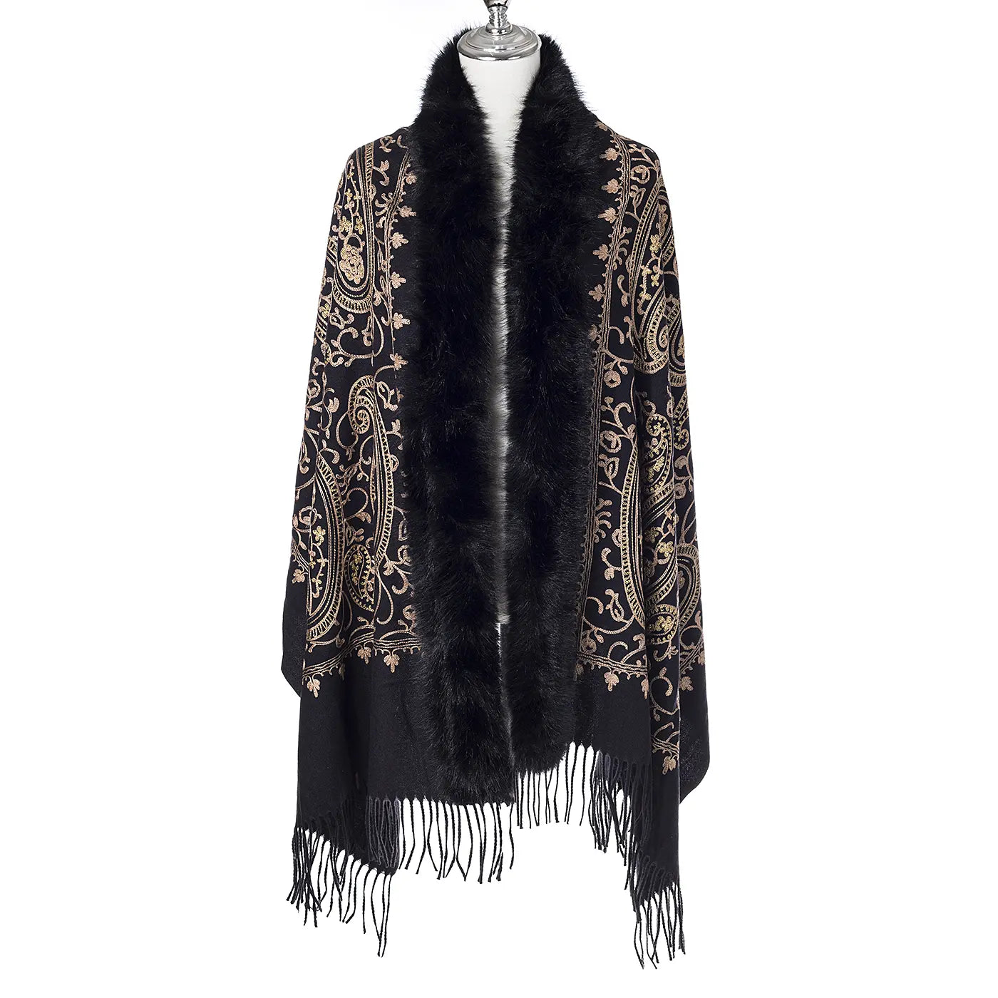 Paisley Embroidered Wrap With Fur