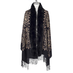Paisley Embroidered Wrap With Fur