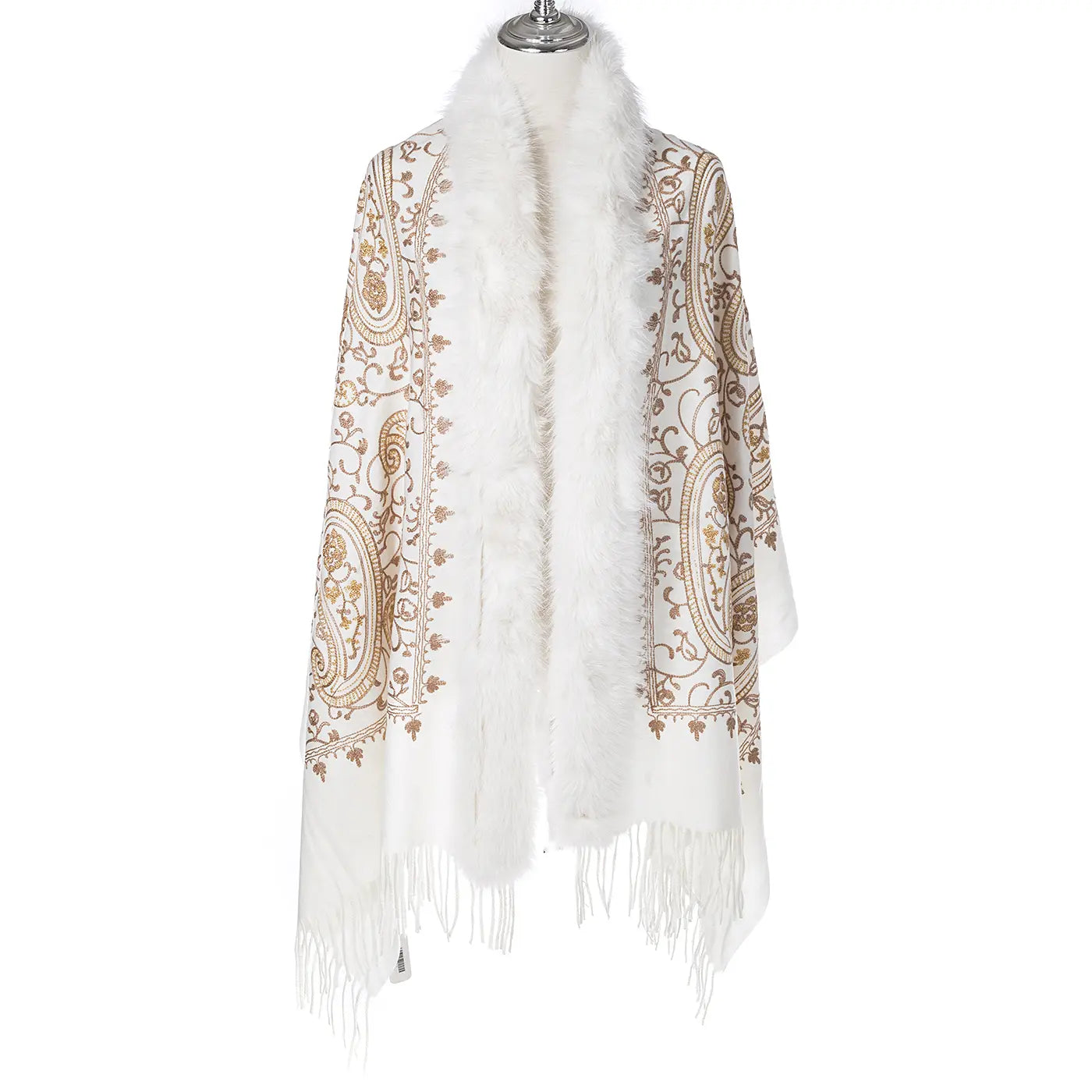 Paisley Embroidered Wrap With Fur