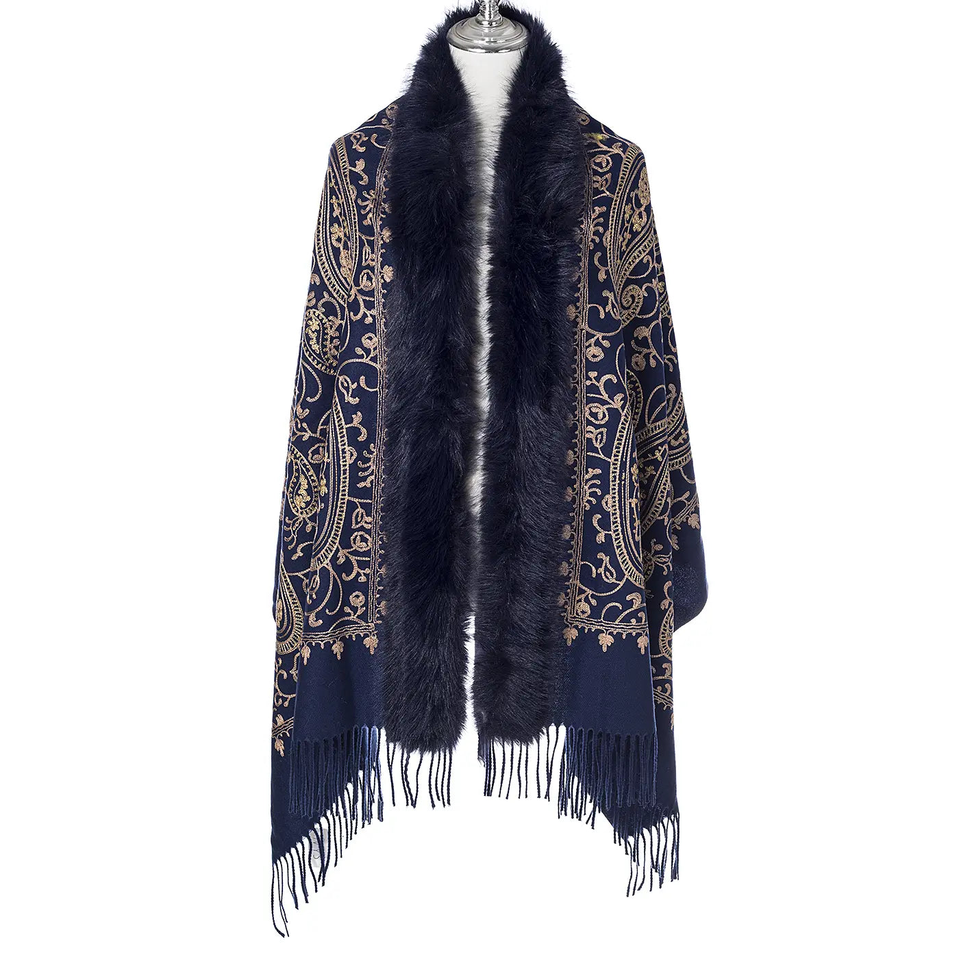 Paisley Embroidered Wrap With Fur