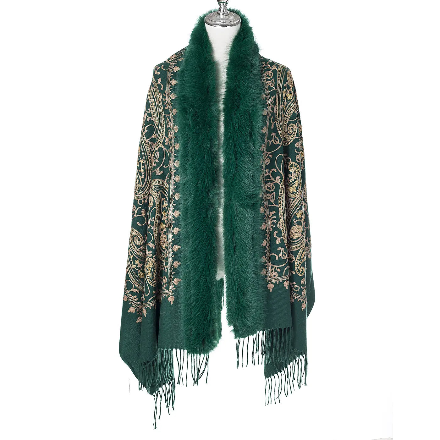Paisley Embroidered Wrap With Fur