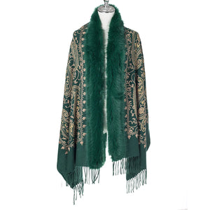 Paisley Embroidered Wrap With Fur