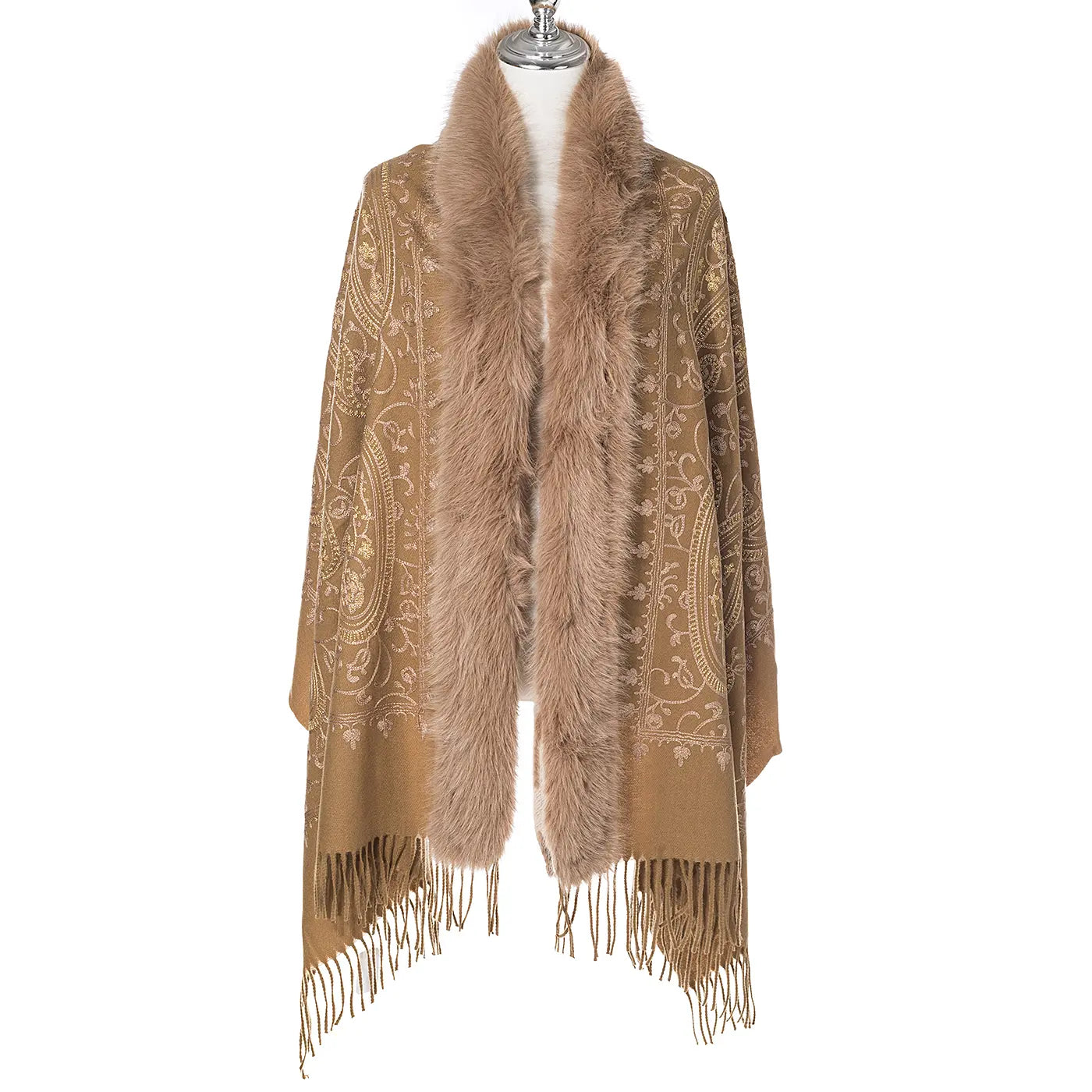 Paisley Embroidered Wrap With Fur