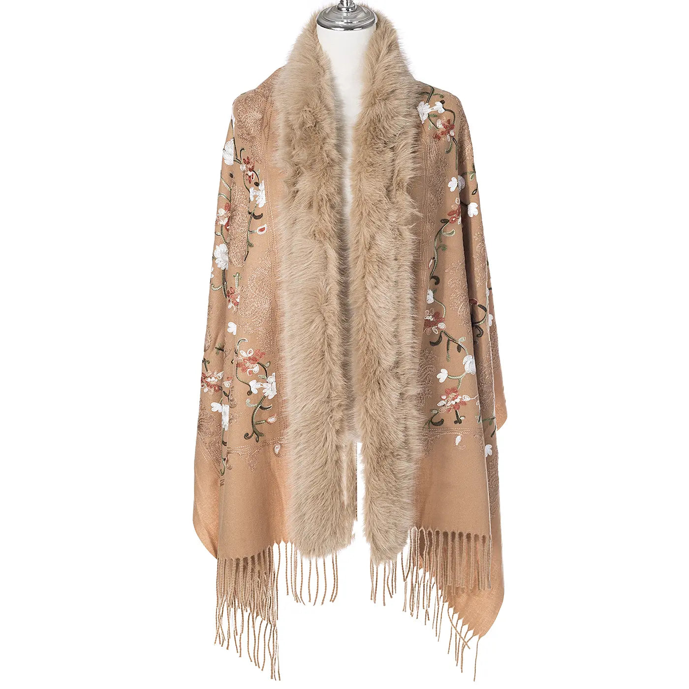 Wildflower Embroidered Wrap With Fur