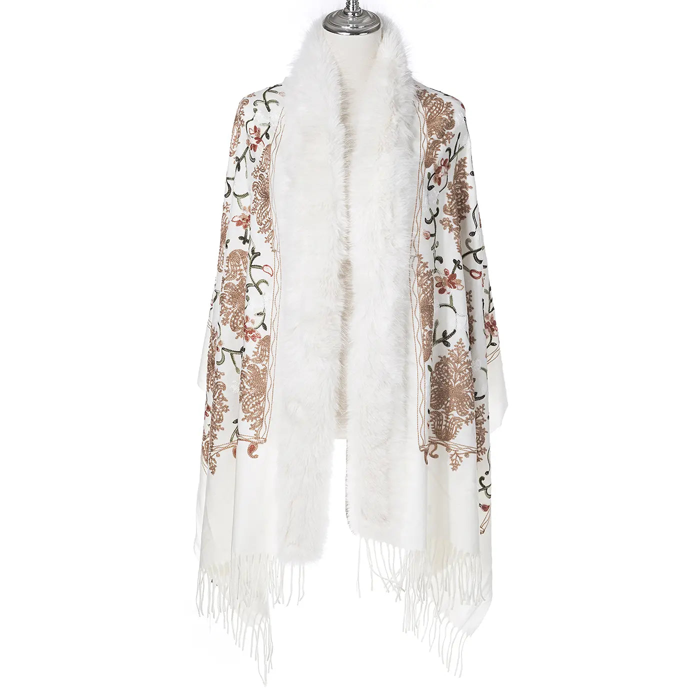 Wildflower Embroidered Wrap With Fur