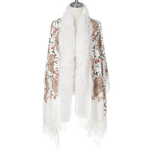 Wildflower Embroidered Wrap With Fur