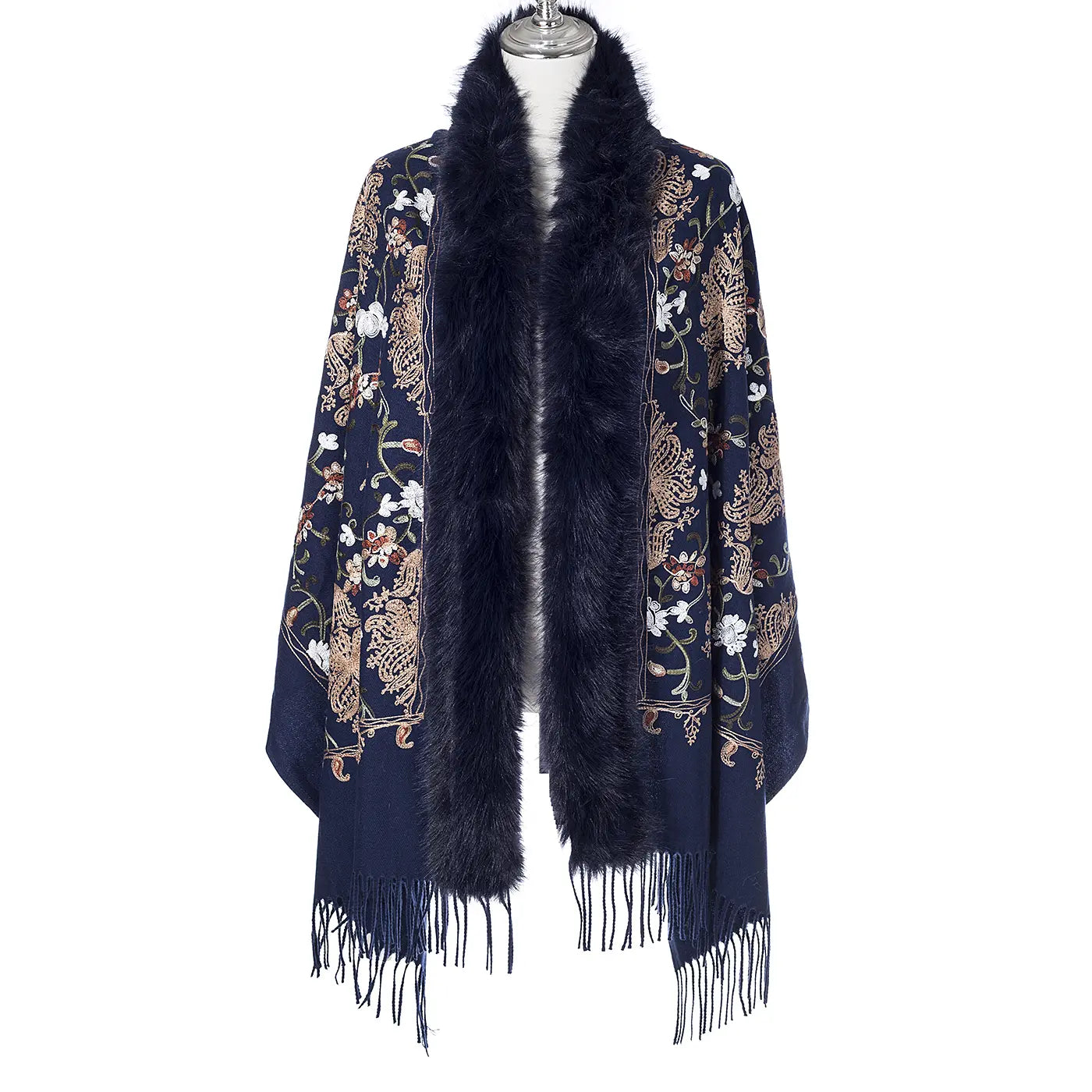 Wildflower Embroidered Wrap With Fur