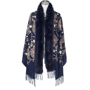 Wildflower Embroidered Wrap With Fur