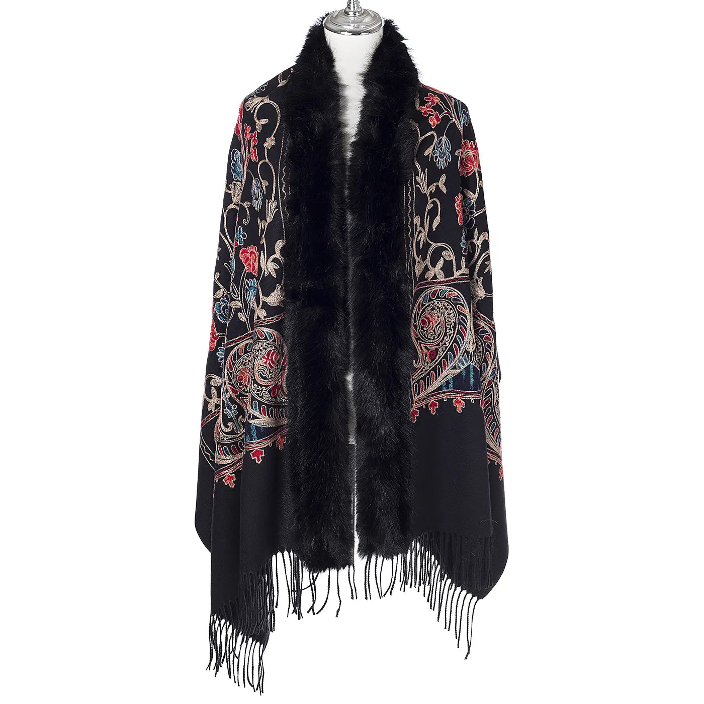 Blossom Embroidered Wrap With Fur