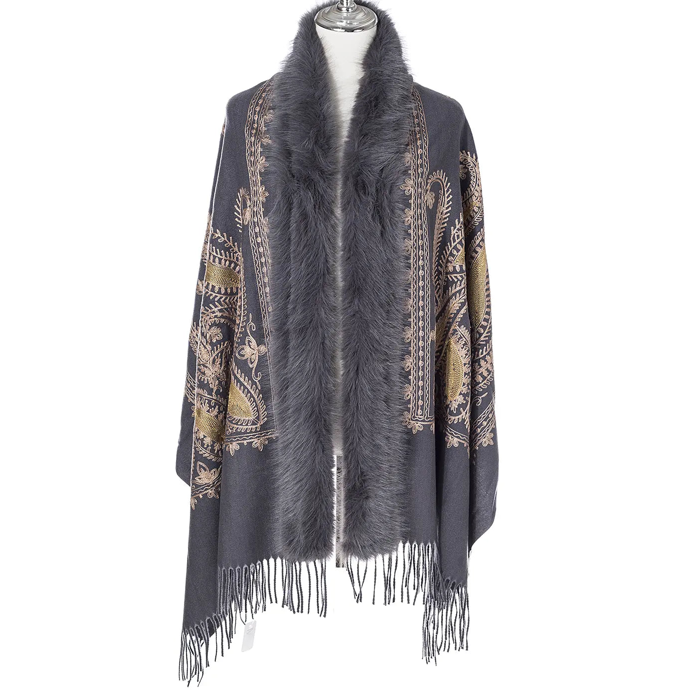 Gold Paisley Embroidered Wrap With Fur