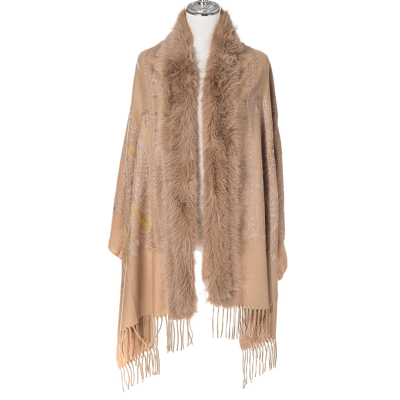 Gold Paisley Embroidered Wrap With Fur