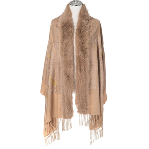 Gold Paisley Embroidered Wrap With Fur