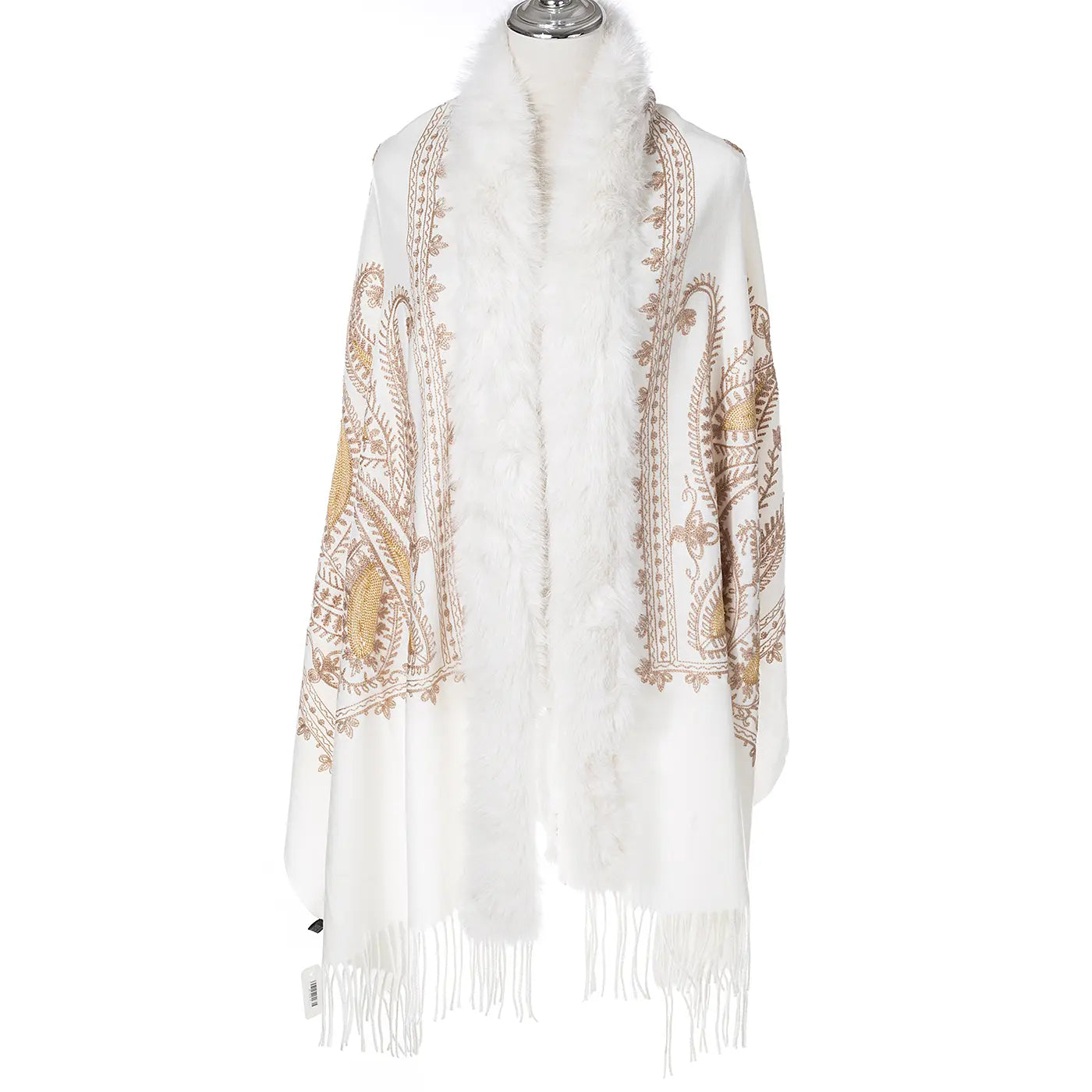 Gold Paisley Embroidered Wrap With Fur