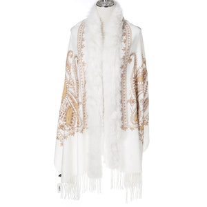Gold Paisley Embroidered Wrap With Fur