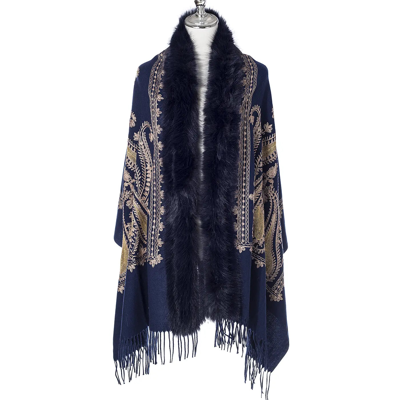 Gold Paisley Embroidered Wrap With Fur