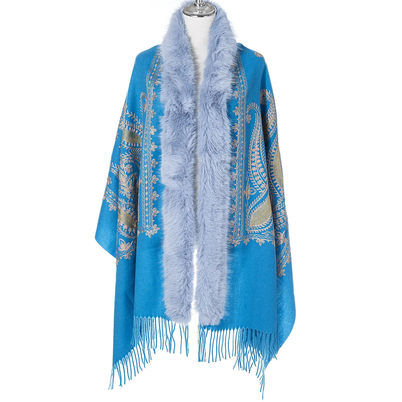 Gold Paisley Embroidered Wrap With Fur