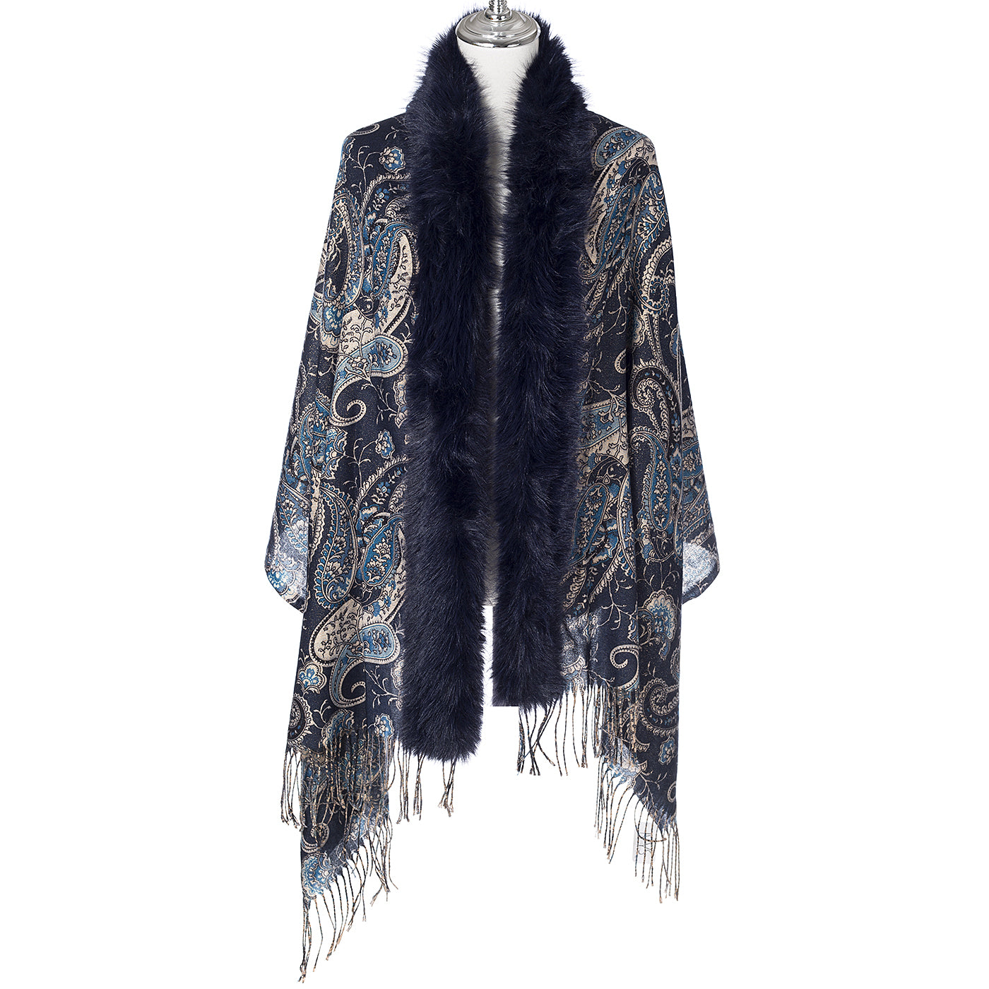 Paisley Gold Lurex Wrap With Fur Trim