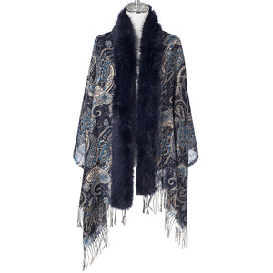 Paisley Gold Lurex Wrap With Fur Trim