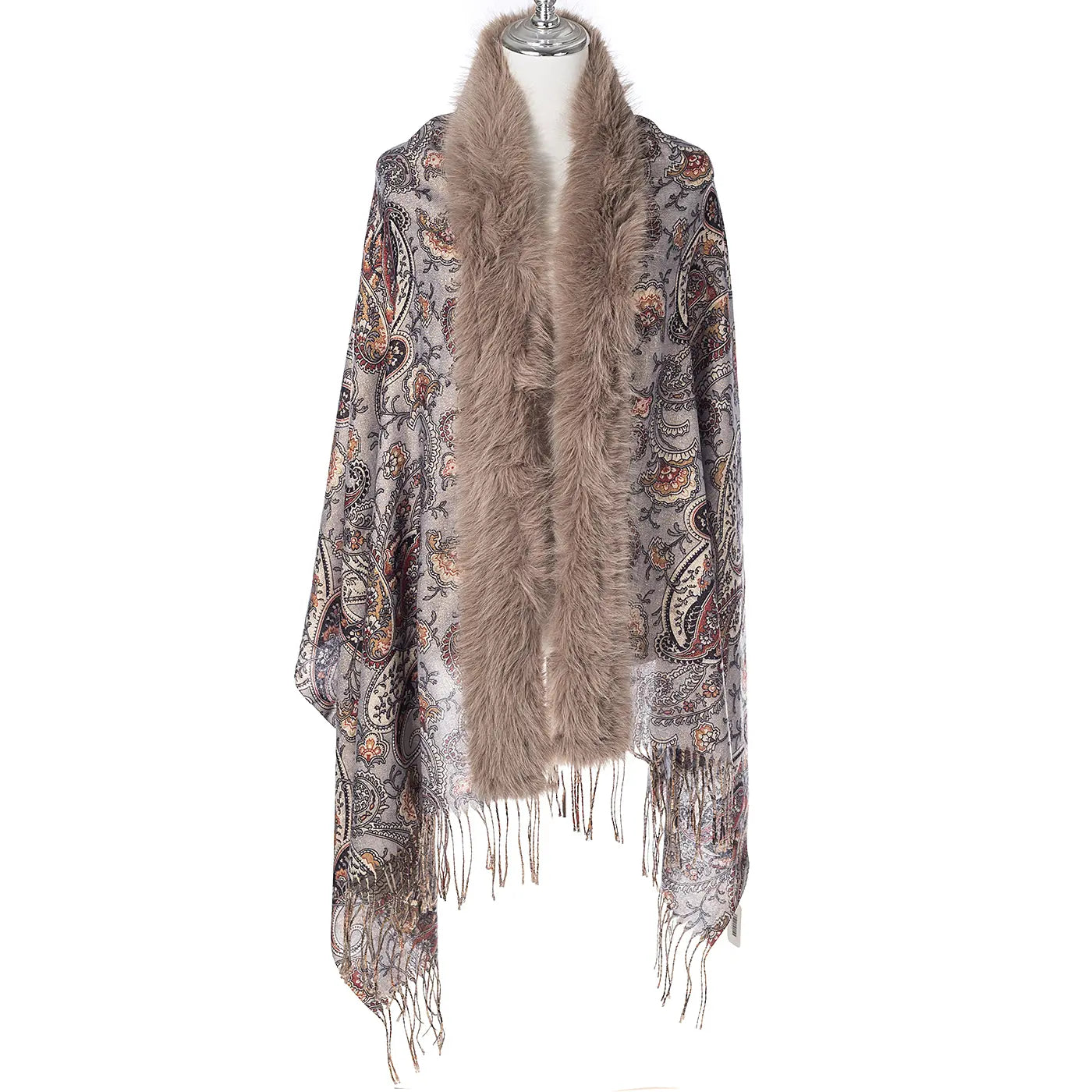 Paisley Gold Lurex Wrap With Fur Trim