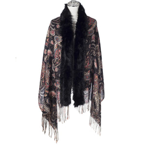 Paisley Gold Lurex Wrap With Fur Trim