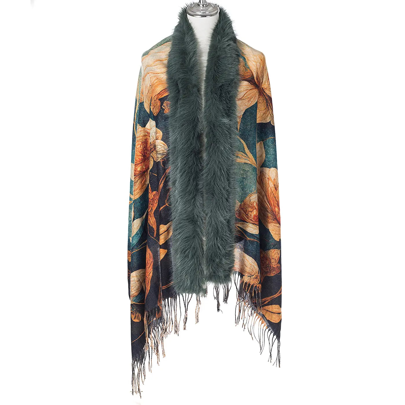 Floral Gold Lurex Wrap With Fur Trim