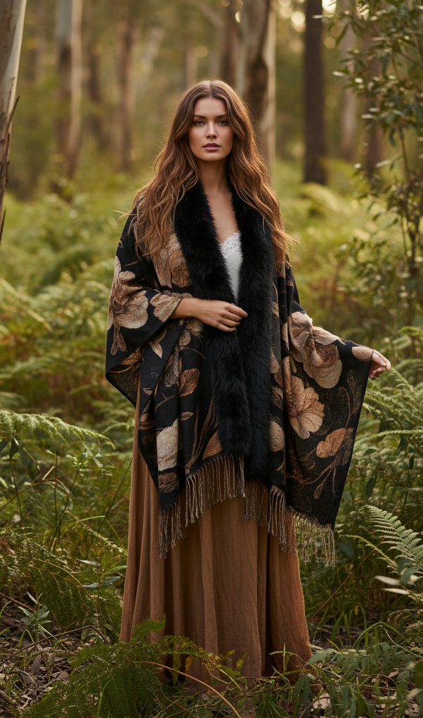 Floral Gold Lurex Wrap With Fur Trim