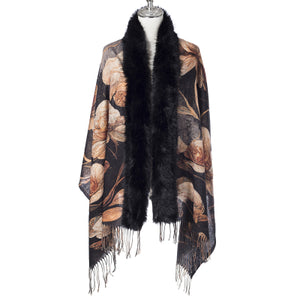 Floral Gold Lurex Wrap With Fur Trim