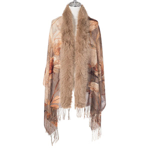 Floral Gold Lurex Wrap With Fur Trim