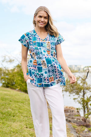 Kayla Cotton Blouse - Water Block