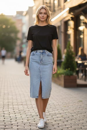 Acid Wash Long Denim Skirt