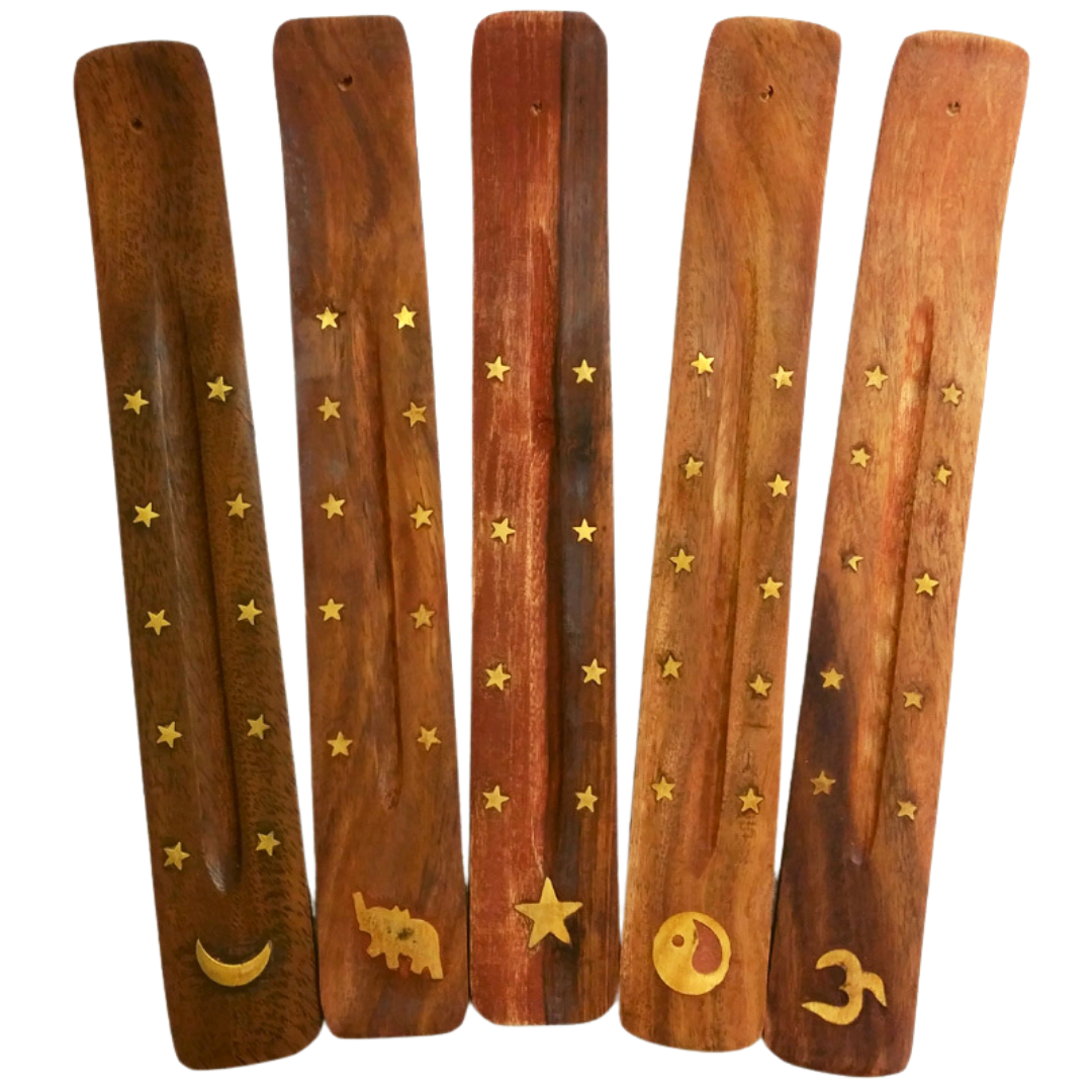 Flat Wooden Incense Holder With Brass Inlay
