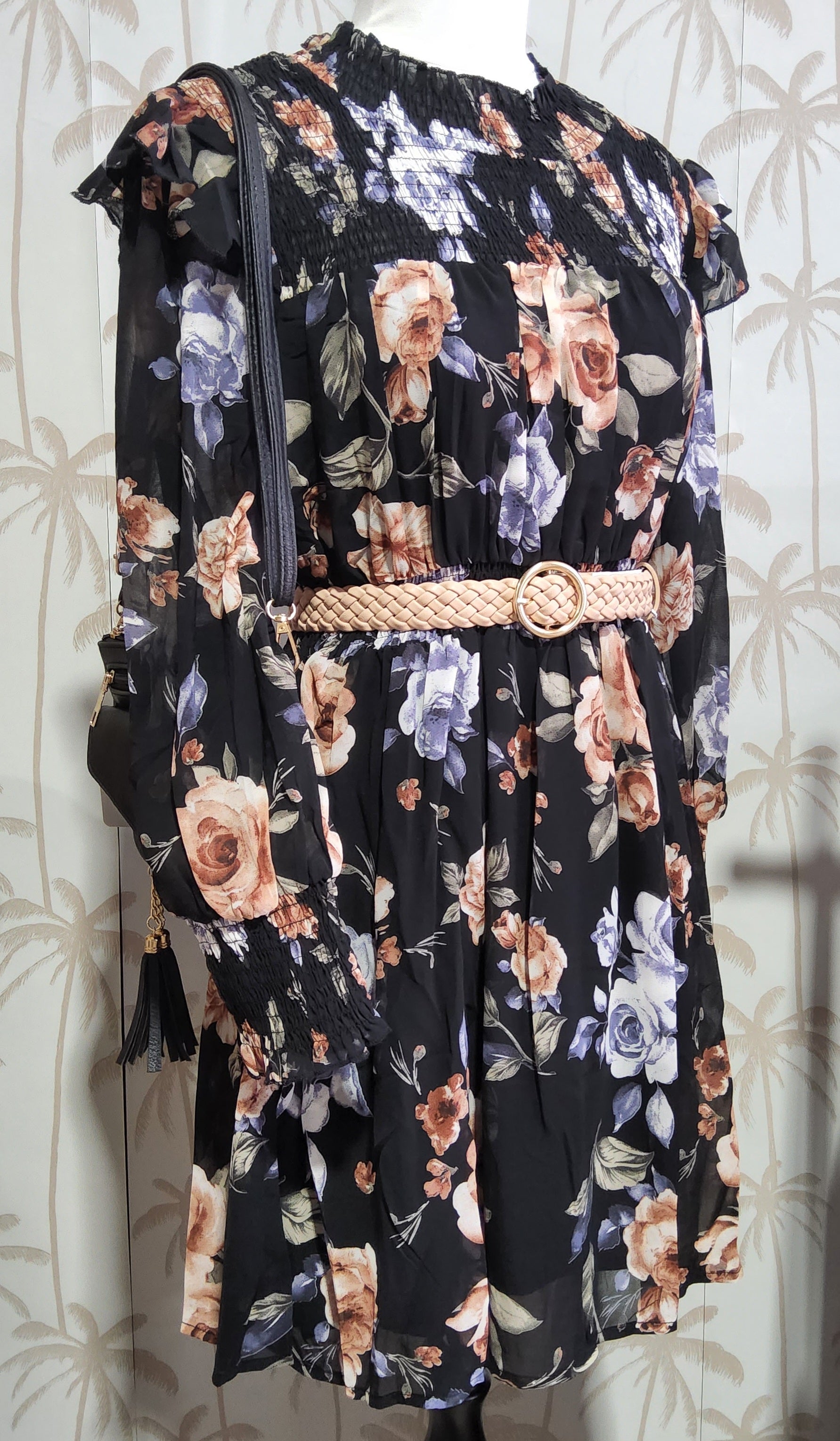 MF FLORAL SHIRRED DRESS BLACK Hippy Haven